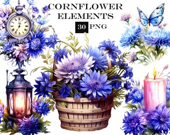 Cornflower Clipart Bundle, Floral PNG Clipart with Transparent Background for Junk Journals and Scrapbooking