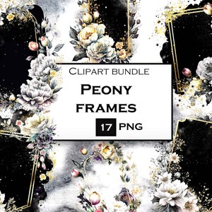 Peonies Frame ClipArt, Watercolor Floral Frame, Frames Clipart Bundle, Gold Frame PNG, Commercial Use, Instant Digital Download
