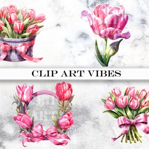 Pink Tulip Clipart Bundle, Watercolor Flowers PNG, Tulip SVG, Spring ...
