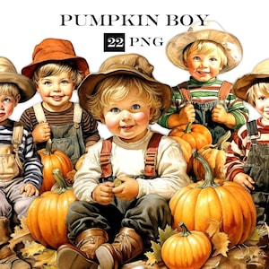 Leuke vintage pompoen jongen clipart bundel, aquarel herfst kleine jongen PNG clipart bundel voor vintage ephemera ontwerpen