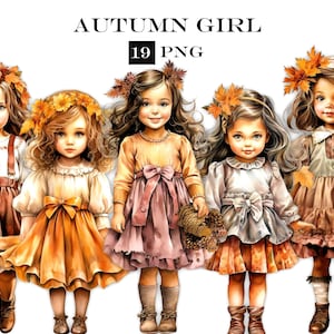 Lindo paquete PNG de imágenes prediseñadas de chica de otoño, archivos PNG de chica de otoño vintage para diseños de niños victorianos y efímeros vintage