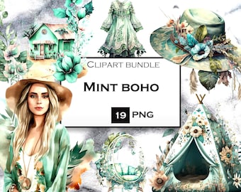19 PNG Boho Clipart Bundle, Pacchetto PNG Clip Art estivo, Clipart estivo, Download digitale istantaneo