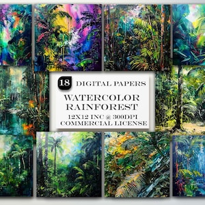 Può includere: 18 carte digitali con motivi di foresta pluviale ad acquerello. Ogni carta misura 30,5 x 30,5 cm a 300 DPI e include una licenza commerciale.