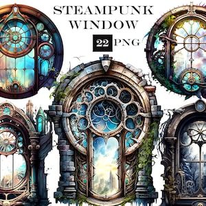 22 Steampunk clipart Stained Glass Clipart, Window clip art, steampunk svg, Fantasy Designs, Commercial Use, Instant Digital Download PNG