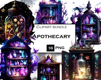 Witch Apothecary Cabinet ClipArt, Watercolor Wiccan PNG, Witchery Clipart Bundle, Witchcraft PNG, Commercial Use, Instant Digital Download