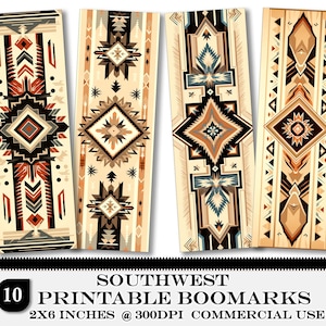 May include: Set of ten printable bookmarks featuring southwestern-inspired geometric patterns in shades of brown, orange, beige, and blue. The bookmarks are 2x6 inches and 300 DPI.  "SOUTHWEST PRINTABLE BOOKMARKS 2X6 INCHES @ 300DPI COMMERCIAL USE" is printed at the bottom of the image.