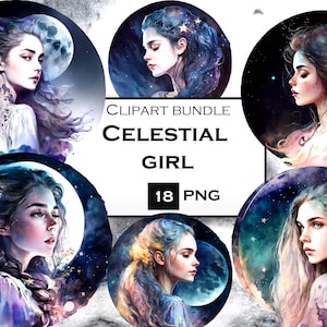 Celestial Girl Clipart, Watercolor Moon Clipart, Mystical Clipart, Commercial Use, Instant Digital Download