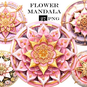 Roze bloem Mandala aquarel clipart bundel, roze bloem Mandala PNG, Boho Floral designelementen voor instant digitale download