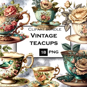 ClipArt tazza da tè vintage, PNG tazza da tè acquerello, Clipart Teaparty, PNG vintage, uso commerciale, download digitale istantaneo