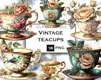 May include: A set of 18 vintage teacups with floral designs. The teacups are in various colors, including blue, green, and white. Each teacup has a different floral pattern and is decorated with gold accents. The teacups are perfect for adding a touch of elegance to any tea party.