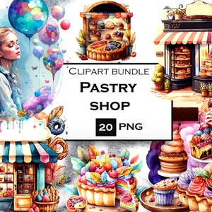 Puede incluir: Un paquete de clipart digital de 20 imágenes PNG que presenta una ilustración de acuarela de una pastelería con pasteles, pasteles y una fachada de tienda coloridos. El texto "CLIPART BUNDLE PASTRY SHOP 20 PNG" se muestra sobre un fondo blanco.