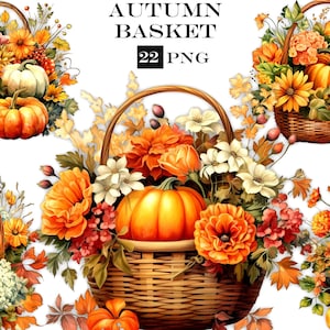 Pacchetto clipart cestino autunnale con fiori e zucca autunnale File PNG di sfondo trasparente per i disegni autunnali e del Ringraziamento