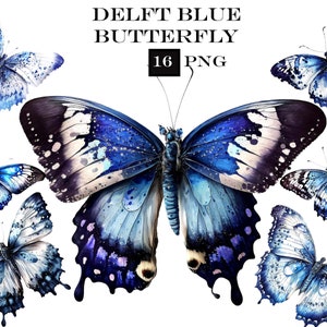 Clipart farfalla blu Delft, PNG farfalla acquerello, pacchetto clipart farfalla, PNG farfalle, uso commerciale, download digitale istantaneo