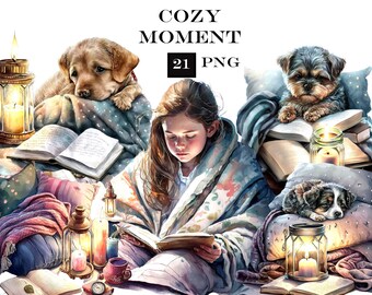 Reading Corner ClipArt, Cozy Clipart, Cute Dog Clipart Bundle, Book PNG, Instant Digital Download