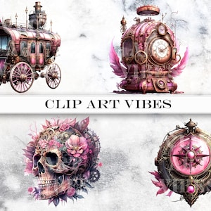 4 Steampunk Clipart Bundle: Victorian Watercolor Fantasy, Instant Digital Download PNG