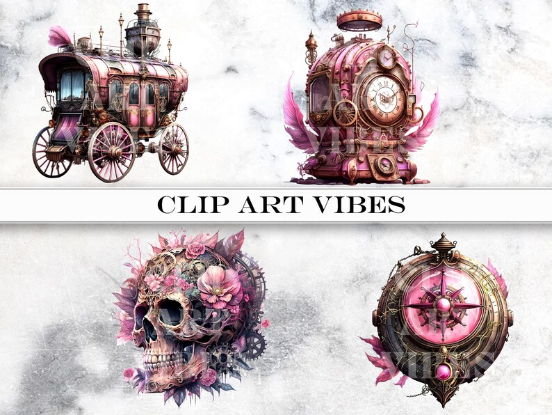 4 Steampunk Clipart Bundle: Victorian Watercolor Fantasy, Instant Digital Download PNG