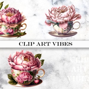 loral Teacup Clipart Bundle, Watercolor Teacup PNG Clip Art Bundle, Romantic Flower Clipart, Vintage PNG, Instant Digital Download