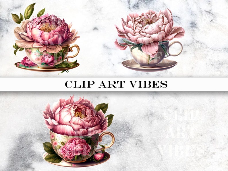 loral Teacup Clipart Bundle, Watercolor Teacup PNG Clip Art Bundle, Romantic Flower Clipart, Vintage PNG, Instant Digital Download