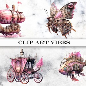 4 Steampunk Clipart Bundle: Victorian Watercolor Fantasy, Instant Digital Download PNG