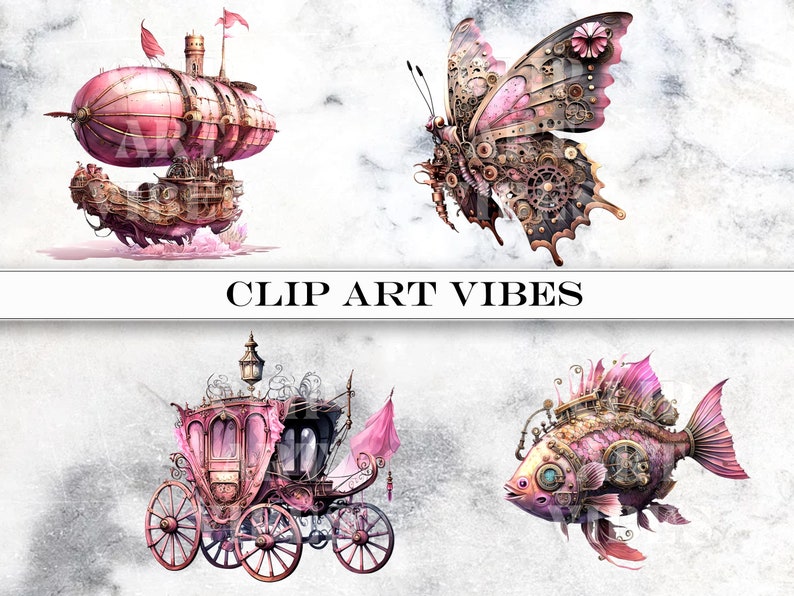 4 Steampunk Clipart Bundle: Victorian Watercolor Fantasy, Instant Digital Download PNG