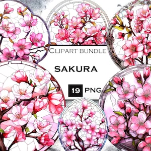 Sakura clipart bundel, kersenbloesem clipart PNG bundel, gebrandschilderd glas SVG met transparante achtergrond