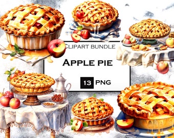 13 PNG Apple Pie Watercolor Clipart Bundle, Dessert Clip Art PNG Bundle with Transparent Background for Dessert Art Projects
