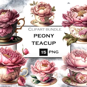 Pacchetto clipart tazza da tè floreale, pacchetto clipart PNG tazza da tè acquerello, clipart fiore romantico, PNG vintage, download digitale istantaneo