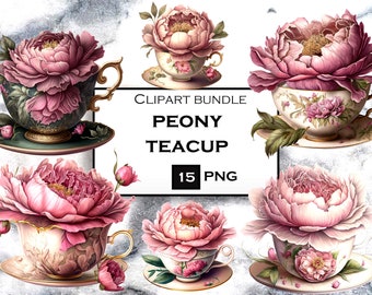 Paquete de imágenes prediseñadas de taza de té floral, paquete de imágenes prediseñadas PNG de taza de té de acuarela, imágenes prediseñadas de flores románticas, PNG vintage, descarga digital instantánea