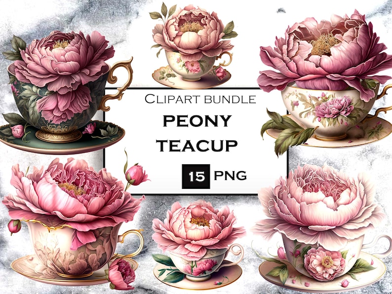 loral Teacup Clipart Bundle, Watercolor Teacup PNG Clip Art Bundle, Romantic Flower Clipart, Vintage PNG, Instant Digital Download
