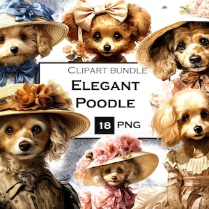 18 PNG niedliche Pudel Clipart Bundle, Vintage Hund Clip Art PNG Bundle mit transparentem Hintergrund für Vintage Ephemera und Junk Journals