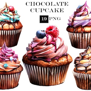 Chocolate Cupcake Watercolor Clipart Bundle, Transparent Background PNG, Cupcake Art Images