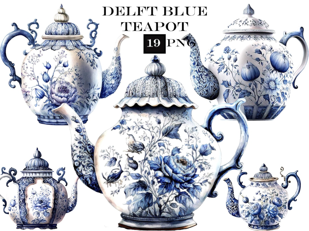 Delft Blue Teapot Clipart, Tea Party Clipart Bundle, Vintage PNG, Commercial Use, Instant