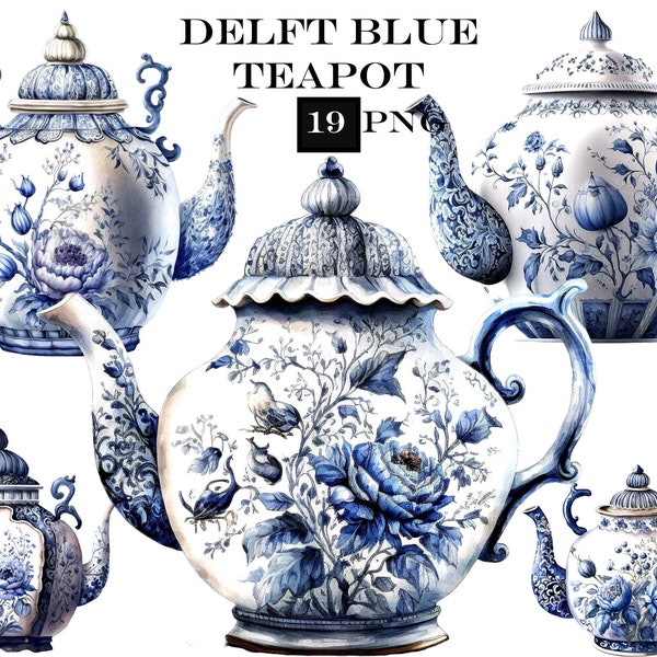 Delft Blue Teapot Clipart, Tea Party Clipart Bundle, Vintage PNG, Commercial Use, Instant Digital Download