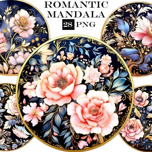 Floral Mandala aquarel clipart bundel, Rose clip art PNG-bestanden met transparante achtergrond voor ongewenste dagboek en scrapbook