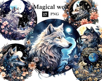 Watercolor Wolf Clipart: Celestial PNG Images (Digital Download)