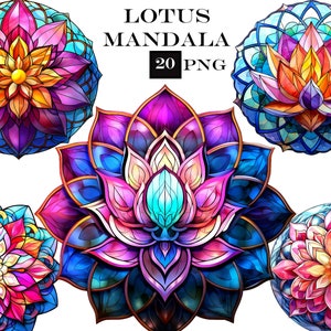 Pacchetto di 20 PNG Lotus Mandala Clipart, pacchetto di clip art di meditazione, file PNG di loto con sfondo trasparente per disegni di sublimazione