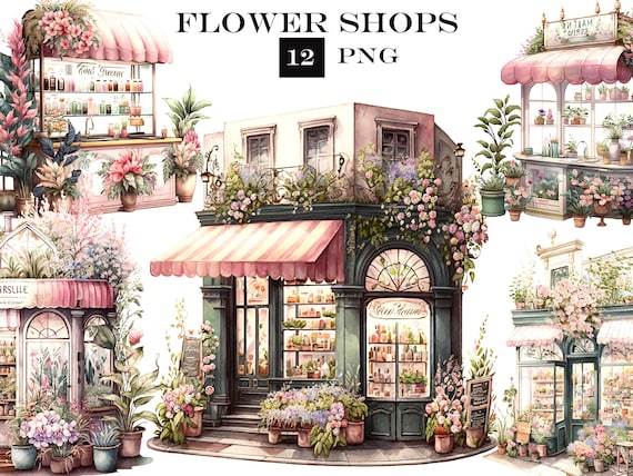 Flower Shop Clip Art, Watercolor Shop Clip Art Bundle, Romantic Flower Shop Clipart, Floral PNG, Commercial Use, Instant Digital Download