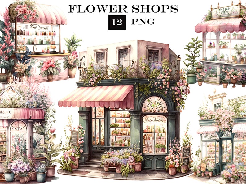 lower Shop Clip Art, Watercolor Shop Clip Art Bundle, Romantic Flower Shop Clipart, Floral PNG, Commercial Use, Instant Digital Download