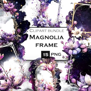 Magnolia Frame ClipArt, Watercolor Floral Frame, Frames Clipart Bundle, Gold Frame PNG, Commercial Use, Instant Digital Downloads
