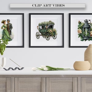 May include: Three framed illustrations in black frames on a white wall. The illustrations are of a couple in vintage clothing, a horse-drawn carriage, and a lantern with roses.