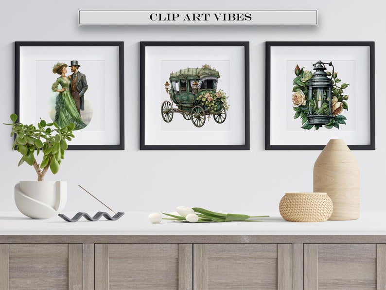 May include: Three framed illustrations in black frames on a white wall. The illustrations are of a couple in vintage clothing, a horse-drawn carriage, and a lantern with roses.