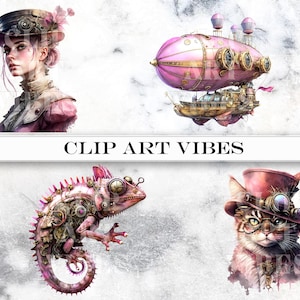 4 Steampunk Clipart Bundle: Victorian Watercolor Fantasy, Instant Digital Download PNG