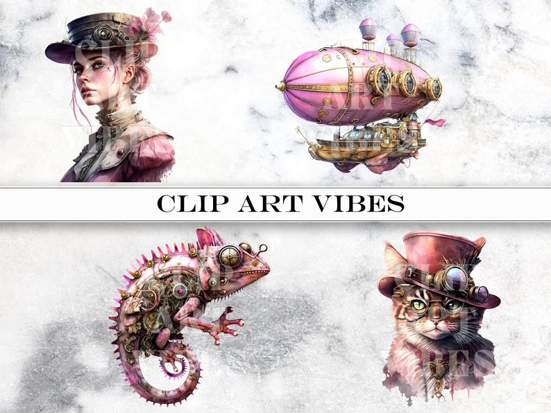 4 Steampunk Clipart Bundle: Victorian Watercolor Fantasy, Instant Digital Download PNG