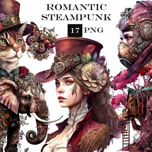 17 Romantyczny Steampunk clipart, Wiktoriański akwarelowy Steampunk PNG bundle, Fantasy clip-art, Komercyjne zastosowanie, Natychmiastowe pobieranie cyfrowe