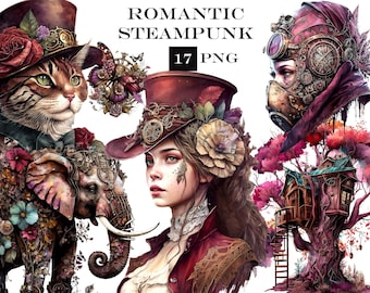 17 Romantic Steampunk clipart, Victorian watercolor Steampunk PNG bundle, Fantasy clip-art, Commercial Use, Instant Digital Download