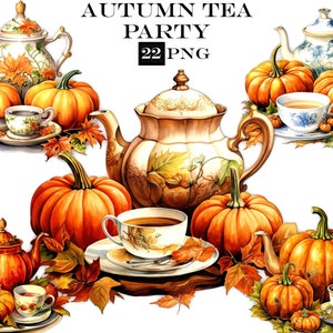 Autumn Tea Party Clipart Bundle Teacup PNG Archivos para uso comercial, descarga digital instantánea