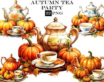 Autumn Tea Party Clipart Bundle Teacup PNG Files for Commercial Use, Instant Digital Download