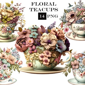 Floral Teacup Clipart, Tea Party Clipart, Tea Time Clipart, Commercial Use, Instant Digital Download
