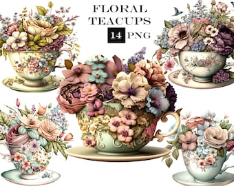 Floral Teacup Clipart, Tea Party Clipart, Tea Time Clipart, Commercial Use, Instant Digital Download
