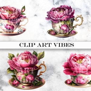 loral Teacup Clipart Bundle, Watercolor Teacup PNG Clip Art Bundle, Romantic Flower Clipart, Vintage PNG, Instant Digital Download